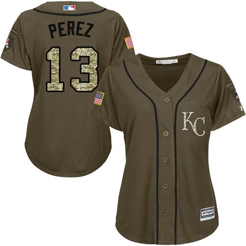 Royals #13 Salvador Perez Green Salute to Service Women's Stitched MLB Jersey